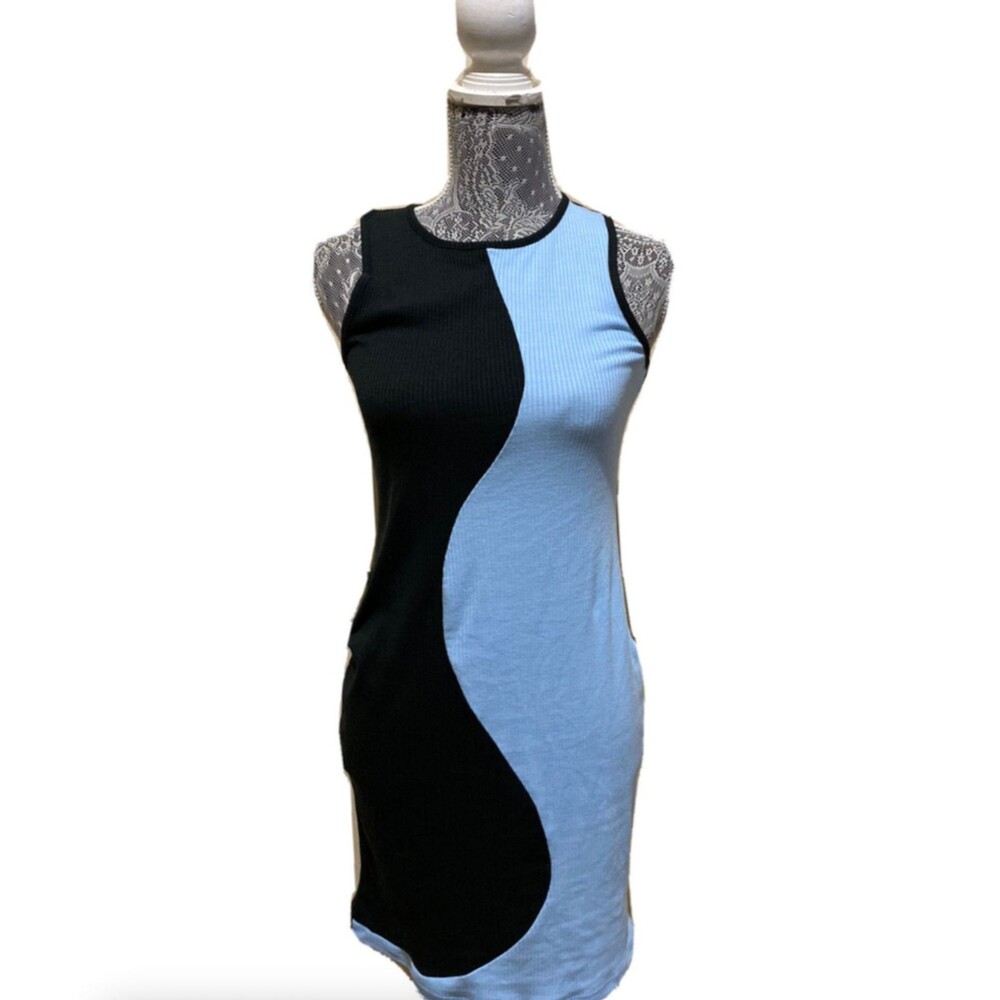 Vero Moda Mini Dress Ribbed Bodycon Sleeveless Two Tone Blue Black Colorblock XS
